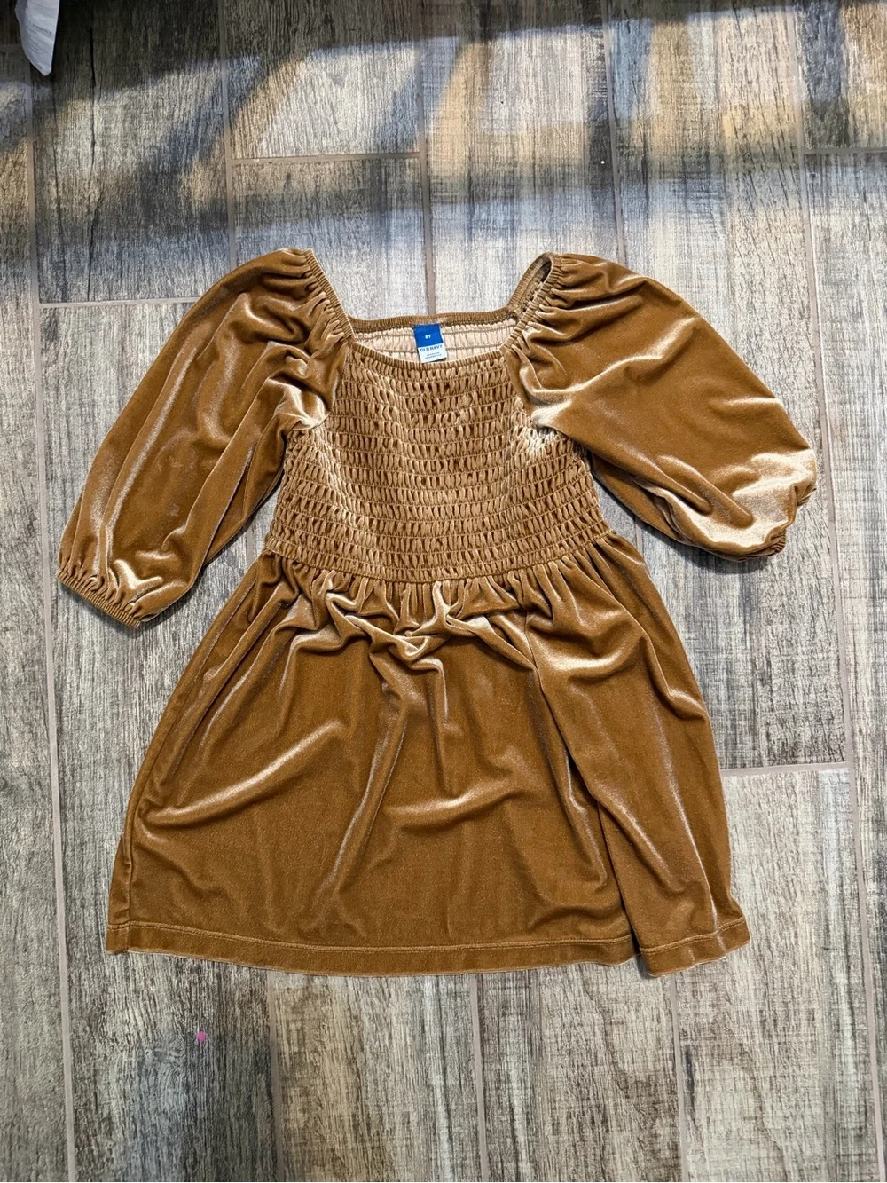 Old Navy Camel Velvet Smocked Puff-Sleeve Dress